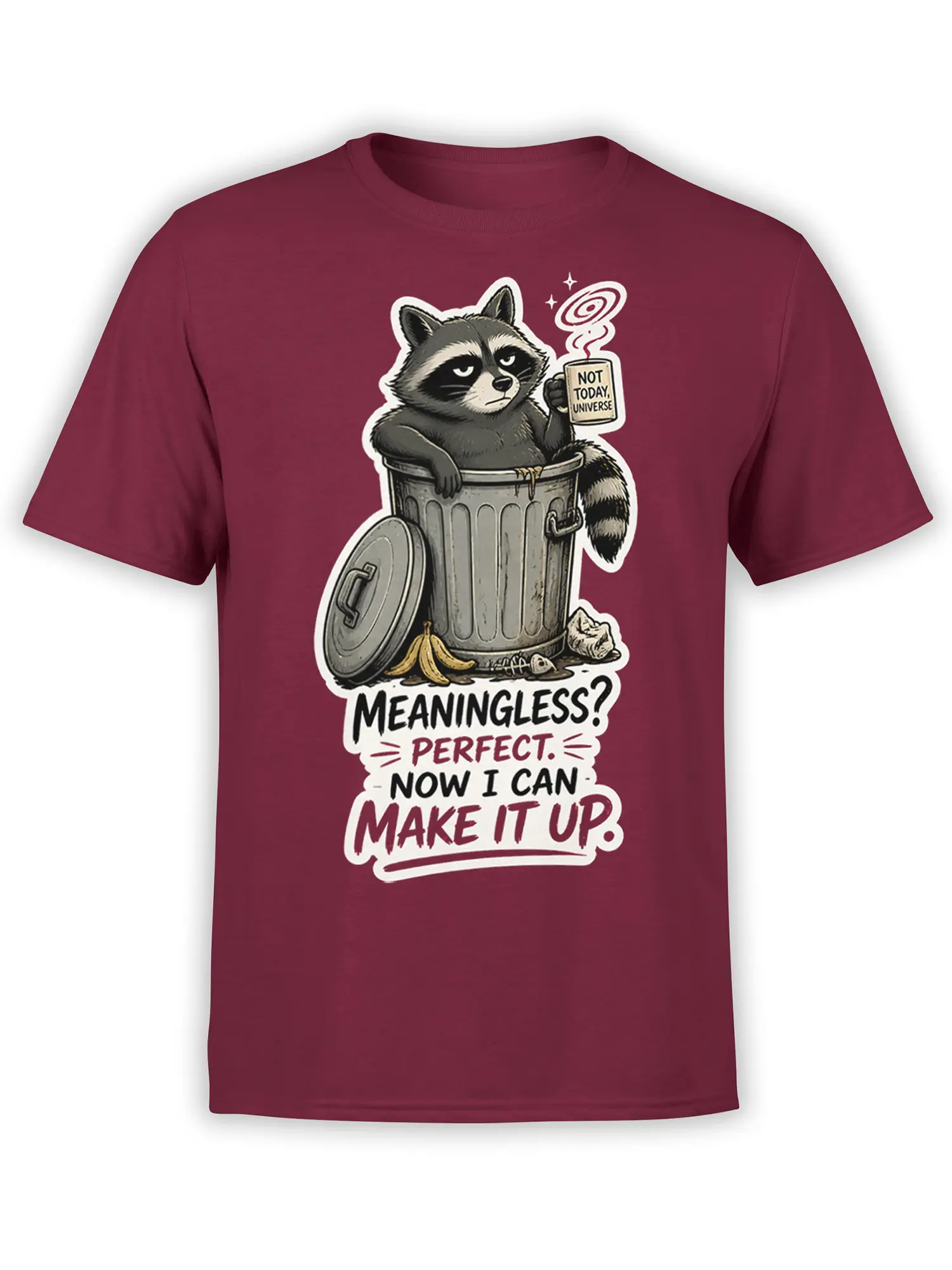 Deadpan raccoon in a trash can holding a coffee mug on a burgundy graphic T-shirt