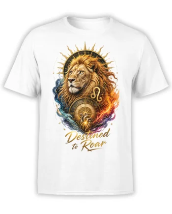 White lion T-shirt with Leo symbol, celestial clock, colorful elements, and “Destined to Roar” lettering
