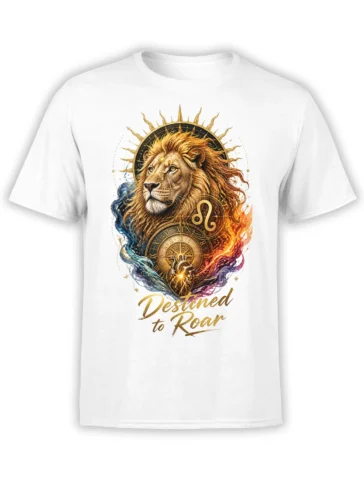 White lion T-shirt with Leo symbol, celestial clock, colorful elements, and “Destined to Roar” lettering