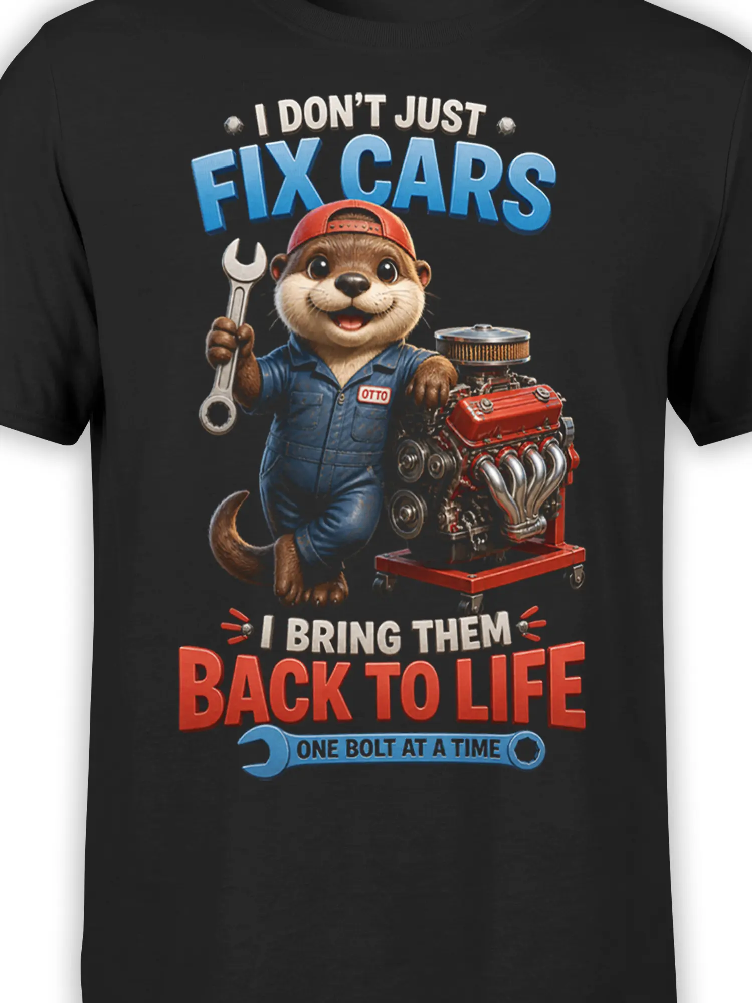 Close-up of otter mechanic, wrench, red engine, and repair slogan on black T-shirt