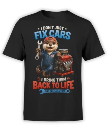 Otter mechanic holding a wrench beside a red engine on a black graphic T-shirt