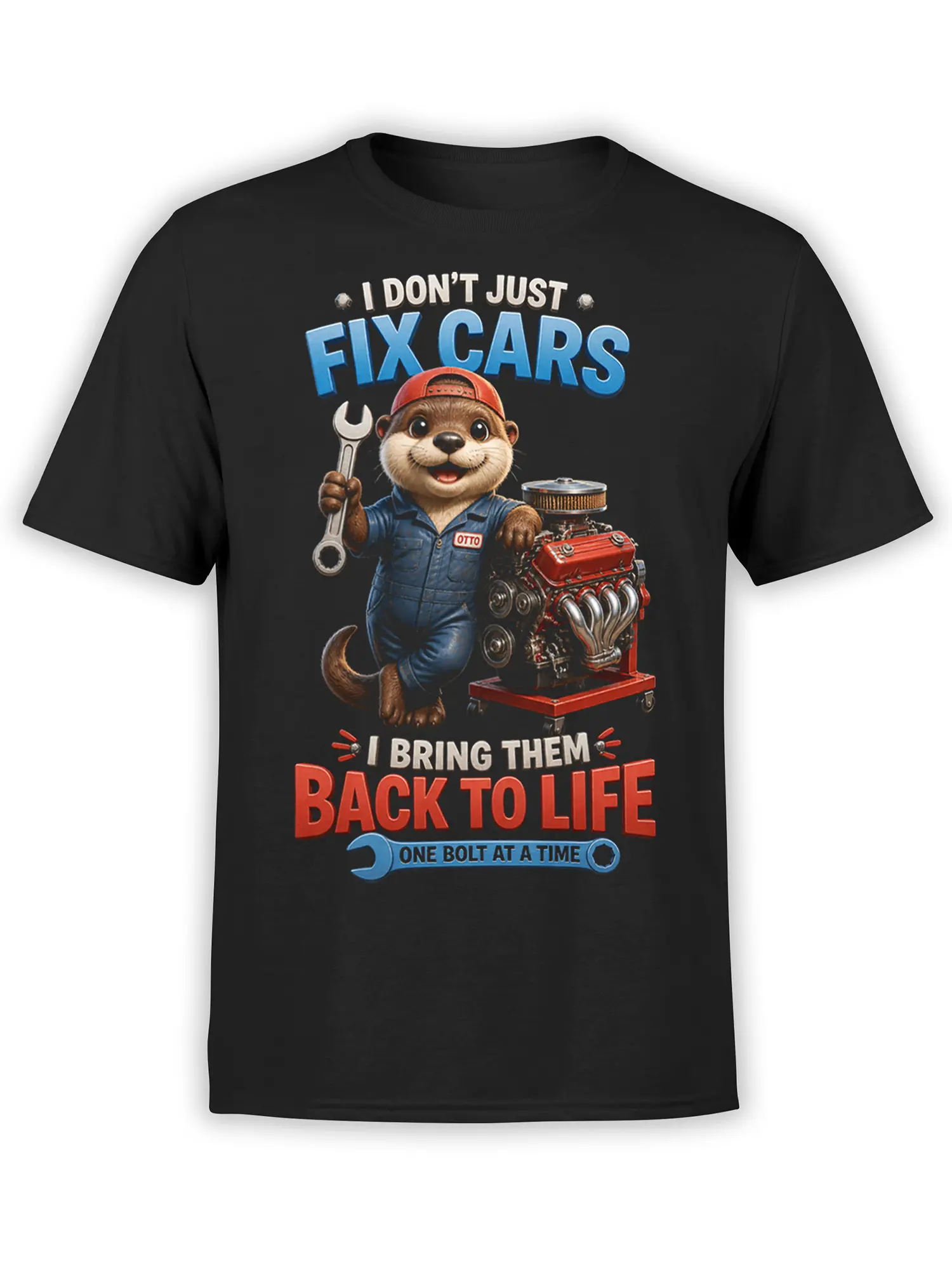 Otter mechanic holding a wrench beside a red engine on a black graphic T-shirt