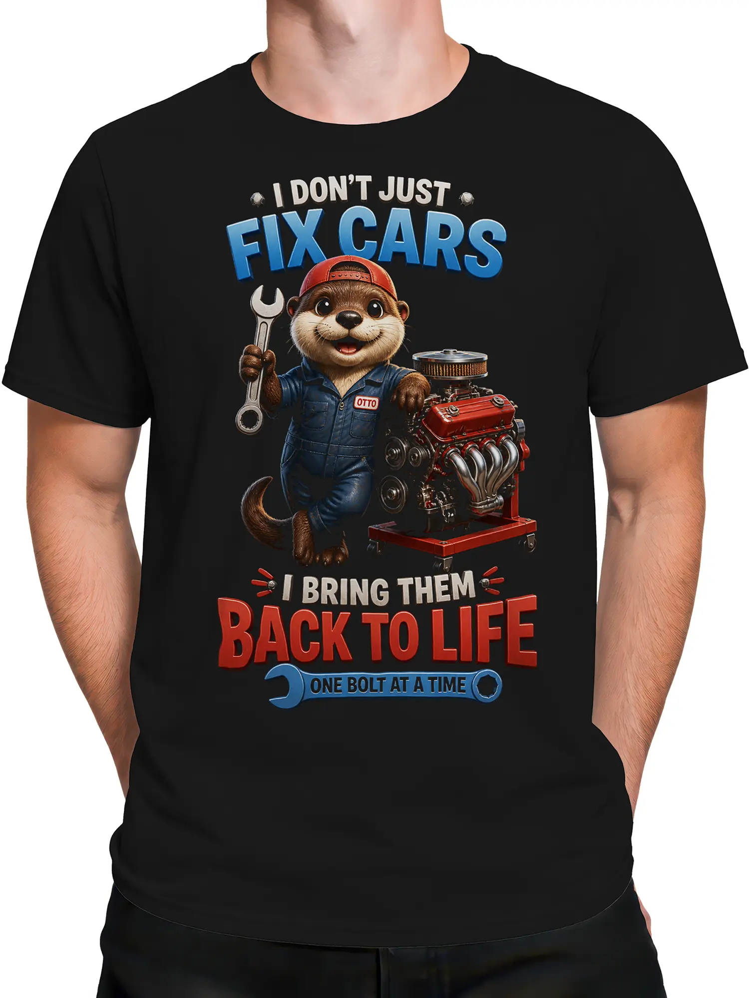 Male torso wearing a black otter mechanic T-shirt with a red engine graphic