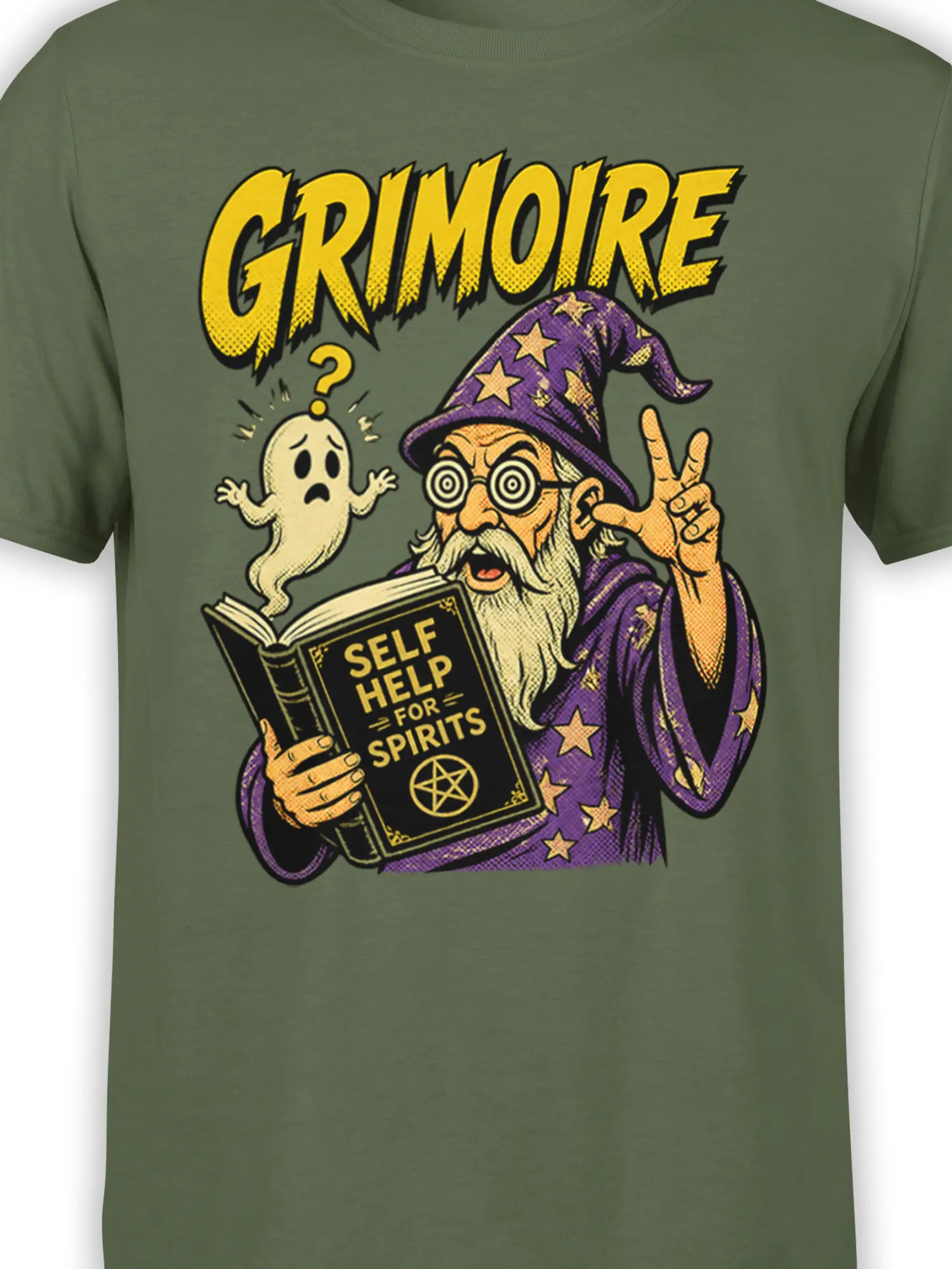 Close-up of green wizard graphic tee showing the purple-robed wizard, floating ghost, and mystical self-help book