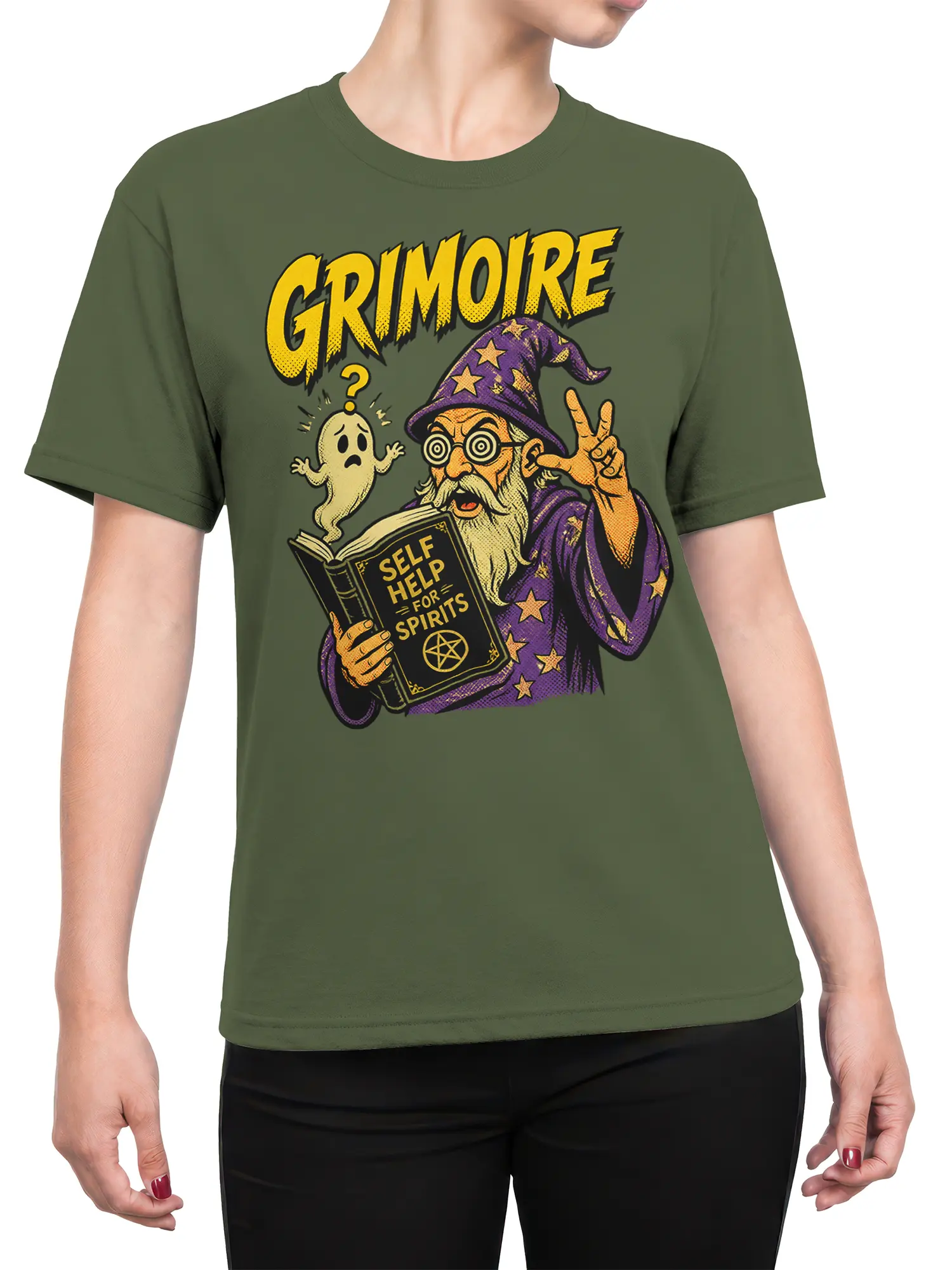 Female torso wearing a green wizard t-shirt with a purple-robed spirit guide and ghost graphic