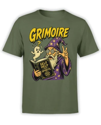 Green wizard t-shirt with purple starry robe, ghost companion, and “Self Help for Spirits” book design
