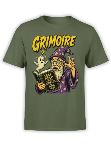 Green wizard t-shirt with purple starry robe, ghost companion, and “Self Help for Spirits” book design