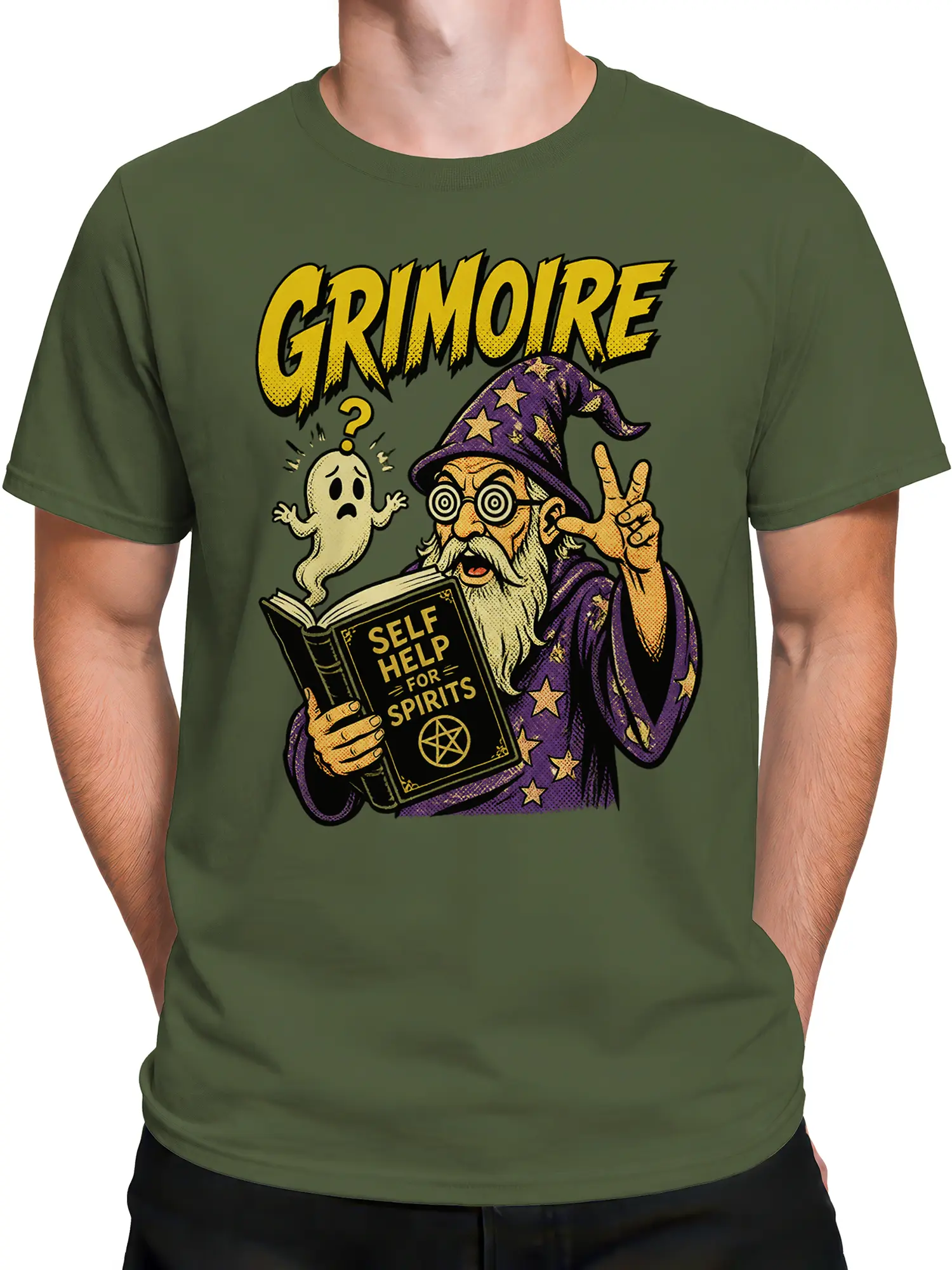 Male torso wearing a green wizard t-shirt with a ghost and “Self Help for Spirits” graphic