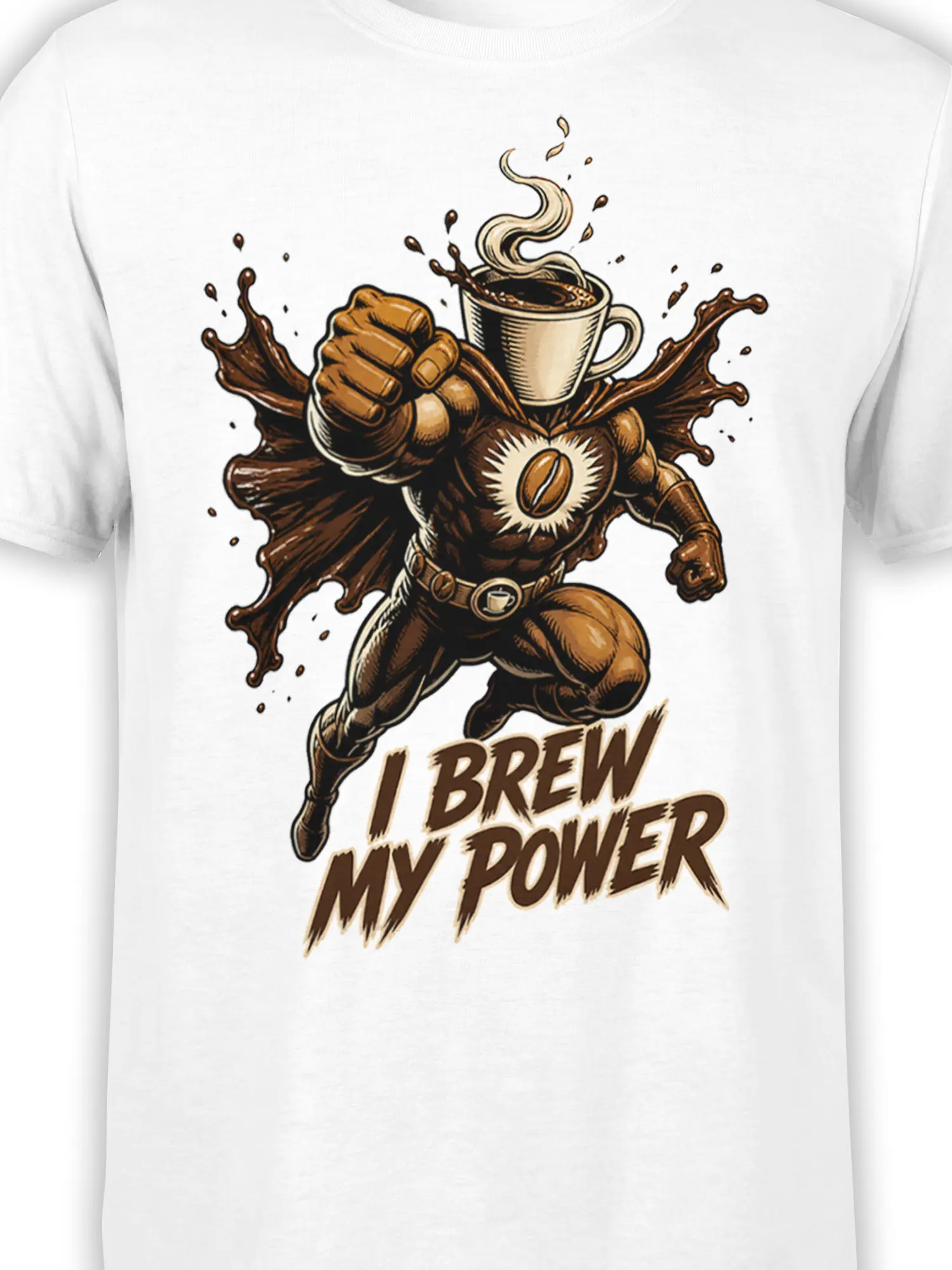Close-up of brown bear superhero coffee artwork and bold “I Brew My Power” text on a white tee