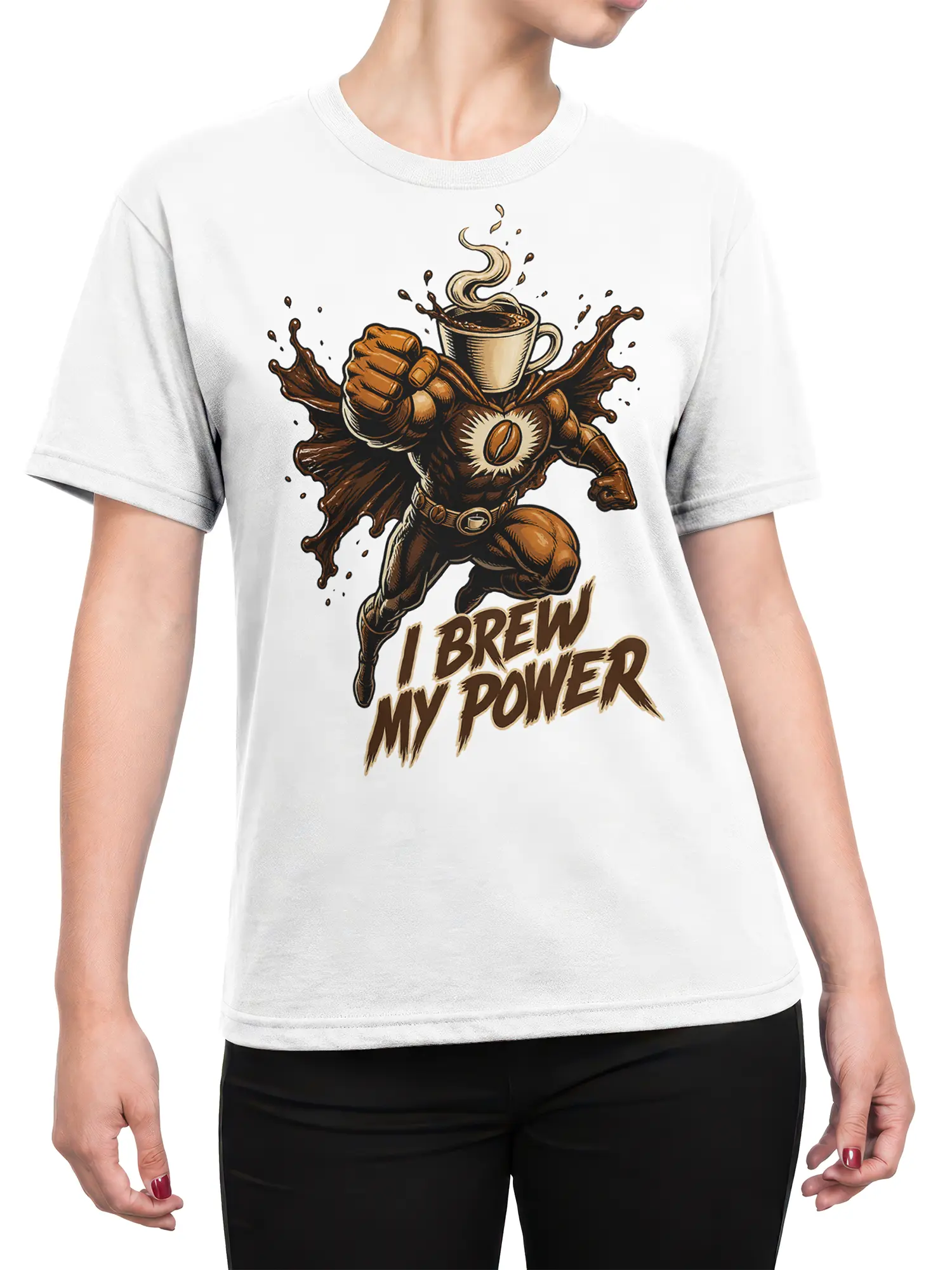 Female torso wearing a white coffee graphic tee with a bear superhero and “I Brew My Power” design