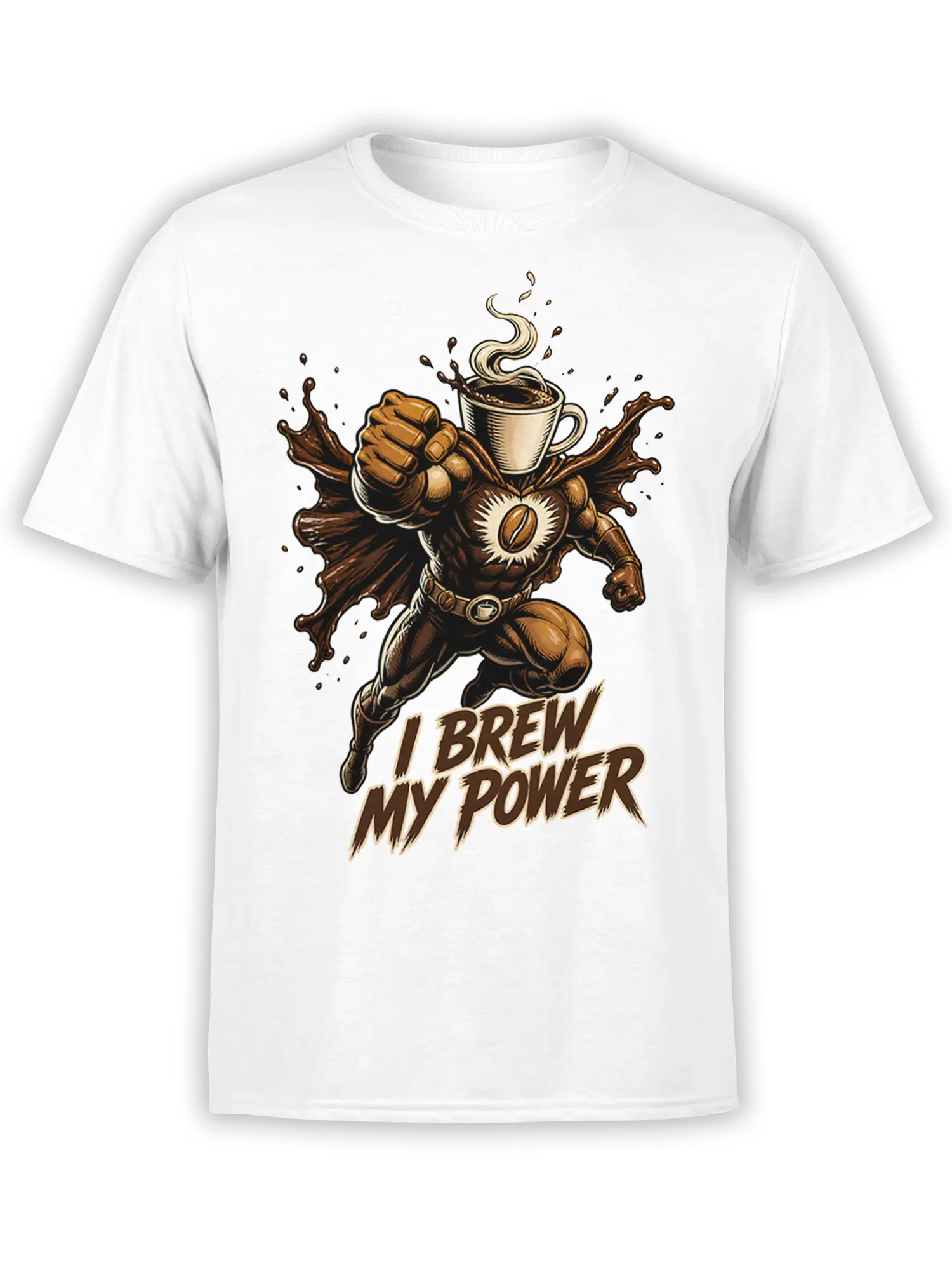 White coffee T-shirt with a brown bear superhero, steaming coffee cups, cape, and “I Brew My Power” text