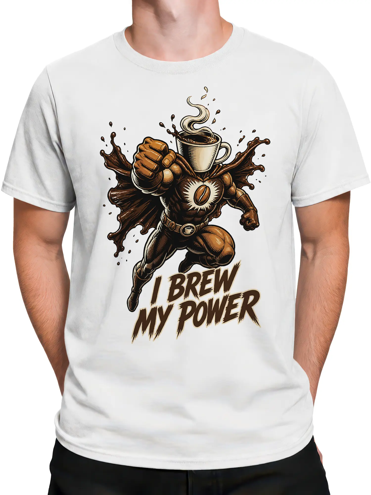 Male torso wearing a white bear coffee T-shirt with superhero artwork and bold brewing power text