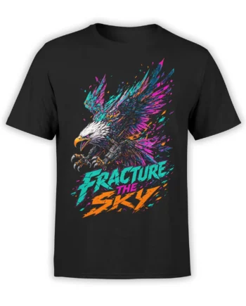Fierce neon eagle graphic with colorful shards and “CREATURE THE SKY” text on a black T-shirt