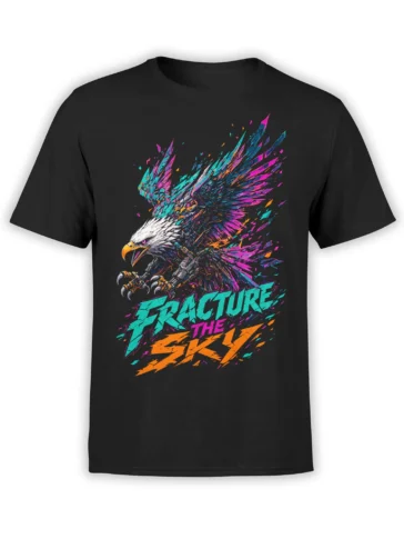 Fierce neon eagle graphic with colorful shards and “CREATURE THE SKY” text on a black T-shirt