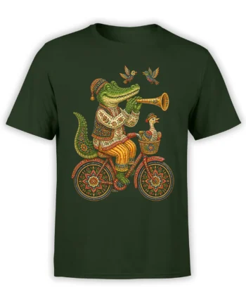 Ornate crocodile playing trumpet while riding a decorated bicycle on a green T-shirt