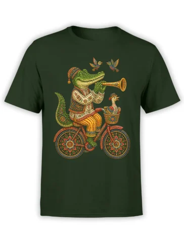Ornate crocodile playing trumpet while riding a decorated bicycle on a green T-shirt