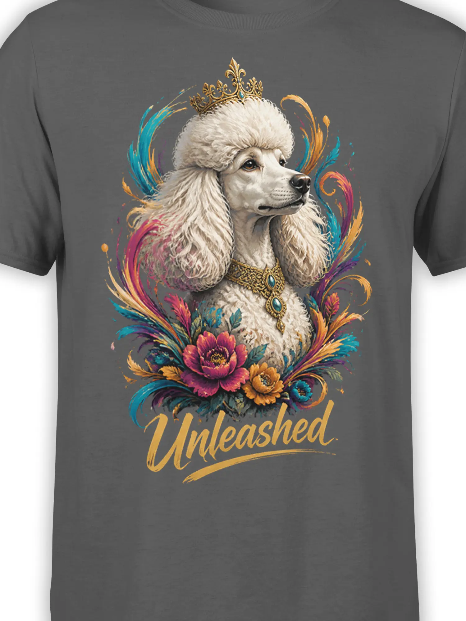 Close-up of crowned white poodle artwork with jeweled collar, flowers, colorful swirls, and Unleashed text