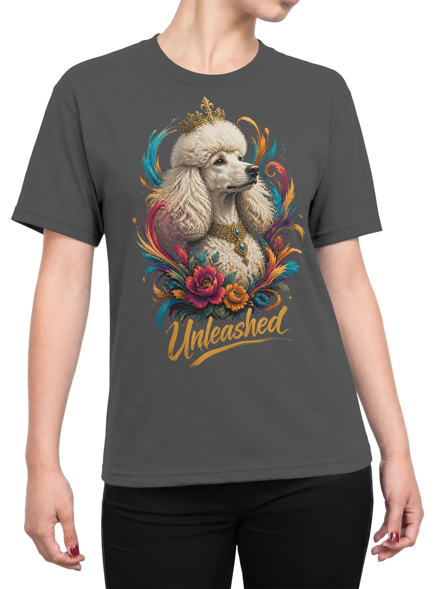 Female torso wearing a gray T-shirt with crowned white poodle artwork and colorful floral Unleashed design
