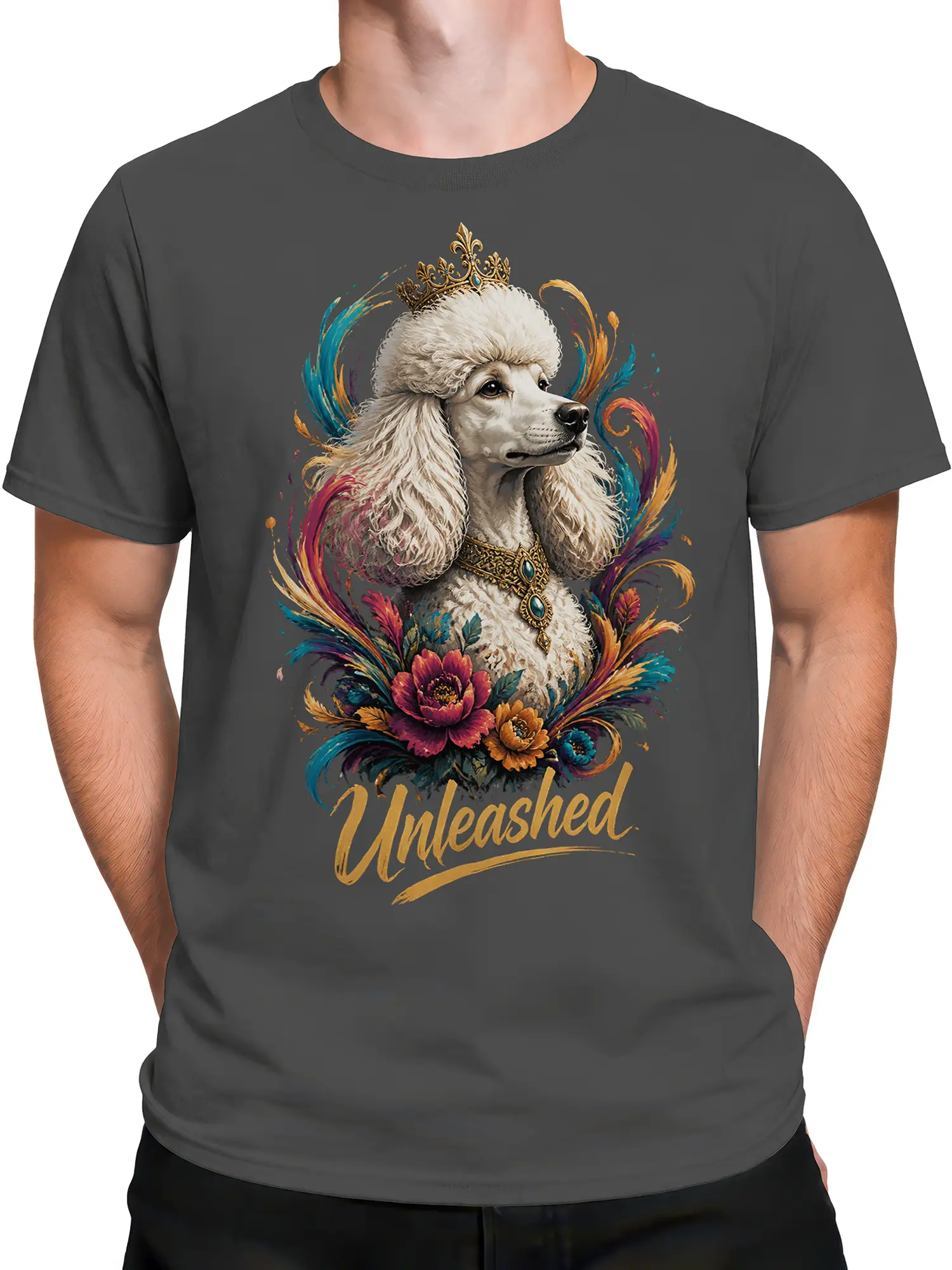Male torso wearing gray dog graphic tee with crowned poodle, jeweled collar, flowers, and Unleashed text