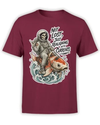 Skull astronaut riding a koi fish through waves on a burgundy graphic T-shirt with bold lettering