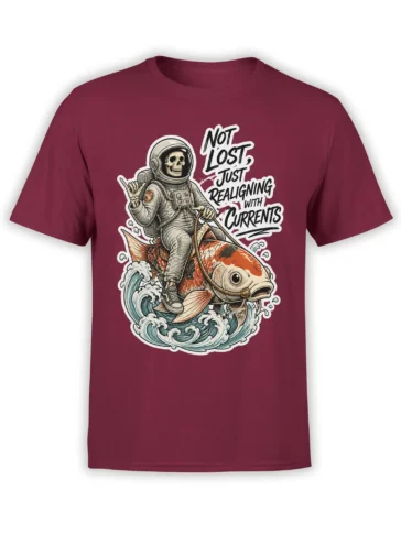 Skull astronaut riding a koi fish through waves on a burgundy graphic T-shirt with bold lettering