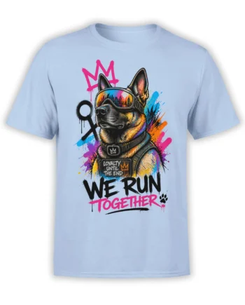 Light blue dog graphic T-shirt with a goggle-wearing canine, colorful paint splashes, and bold loyalty lettering