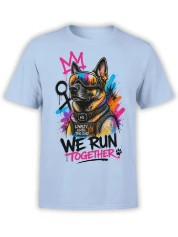 Light blue dog graphic T-shirt with a goggle-wearing canine, colorful paint splashes, and bold loyalty lettering