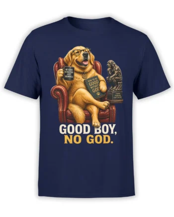Golden retriever in glasses with a philosophical slogan and squirrel-themed mug on a navy T-shirt