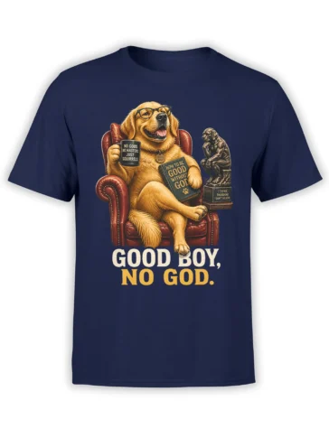 Golden retriever in glasses with a philosophical slogan and squirrel-themed mug on a navy T-shirt