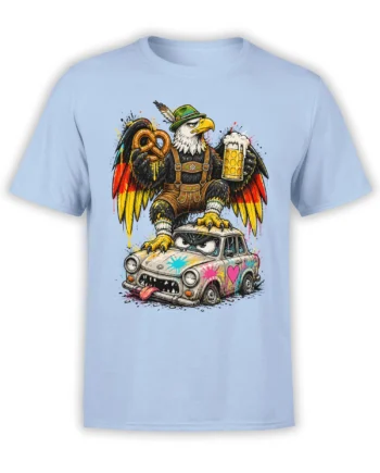 Light blue T-shirt with an alpine eagle holding a pretzel and beer above a snarling vintage car