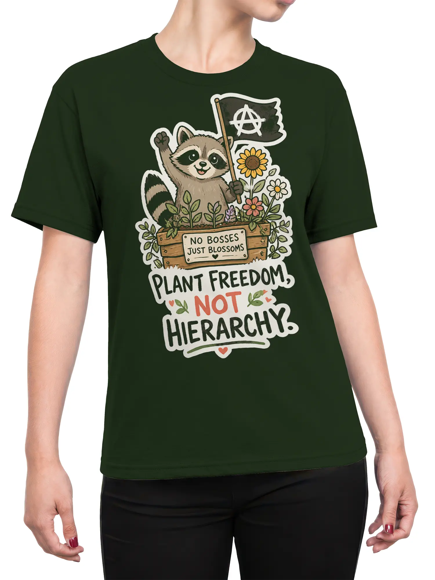 Female torso wearing a dark green raccoon plant freedom graphic T-shirt with flowers and an anarchy flag