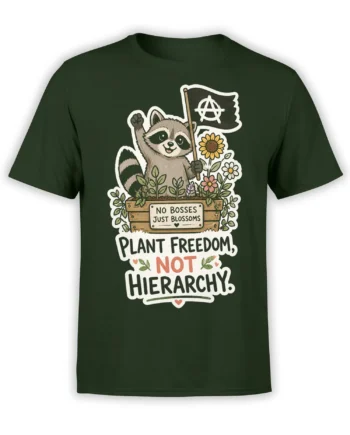 Smiling raccoon holding an anarchy flag among flowers on a dark green plant freedom T-shirt