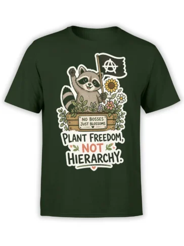 Smiling raccoon holding an anarchy flag among flowers on a dark green plant freedom T-shirt