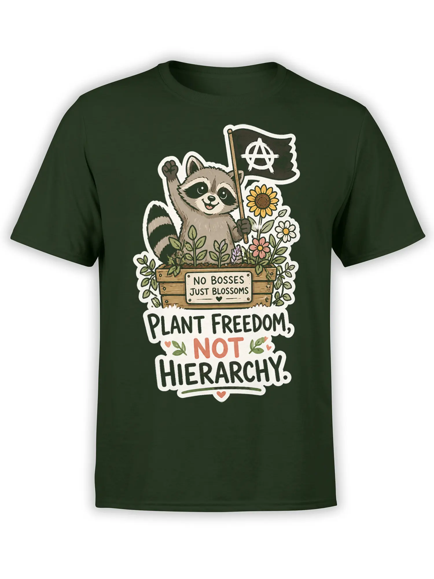 Smiling raccoon holding an anarchy flag among flowers on a dark green plant freedom T-shirt