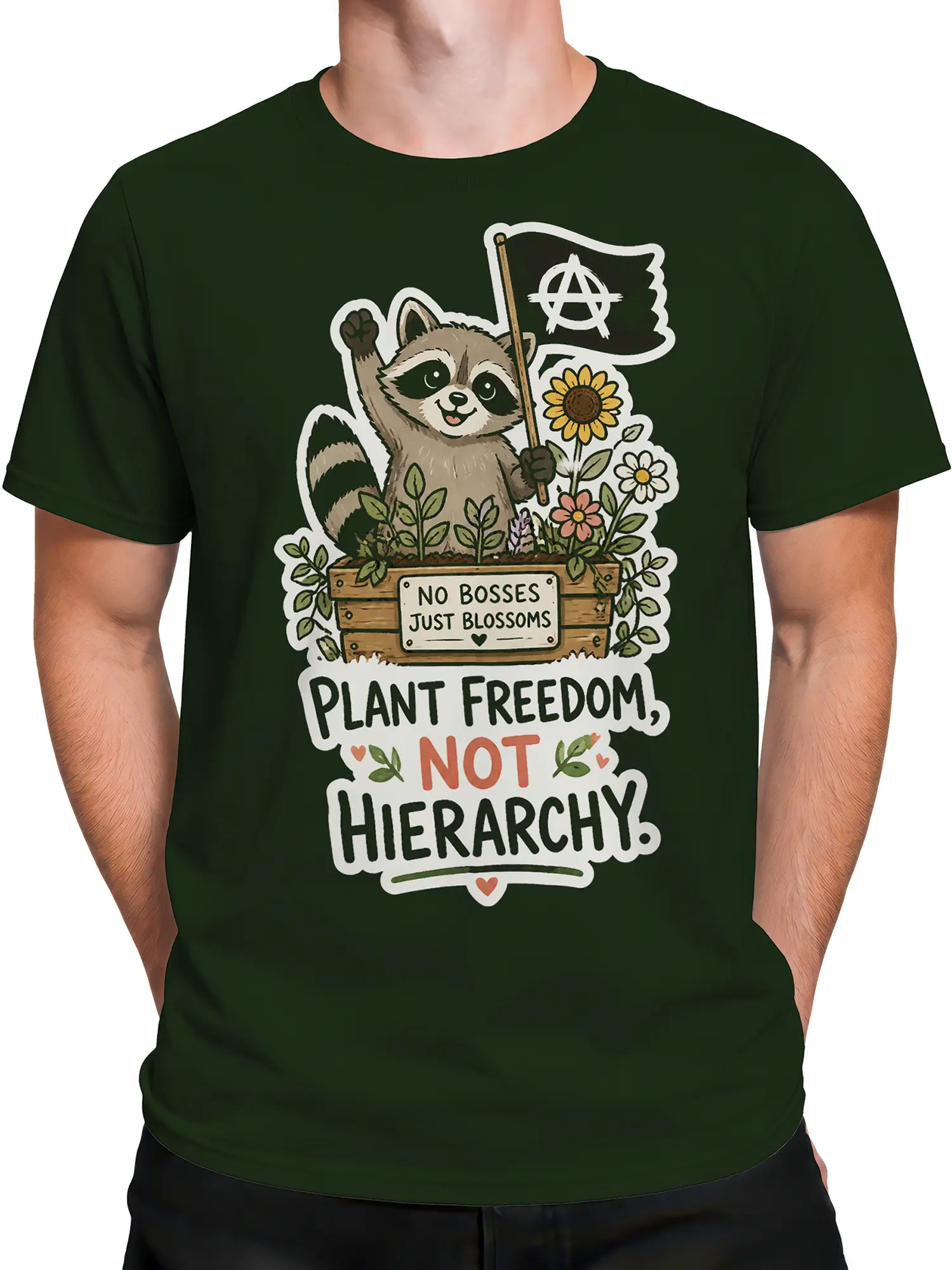 Male torso wearing a dark green raccoon plant freedom graphic T-shirt with a floral garden design