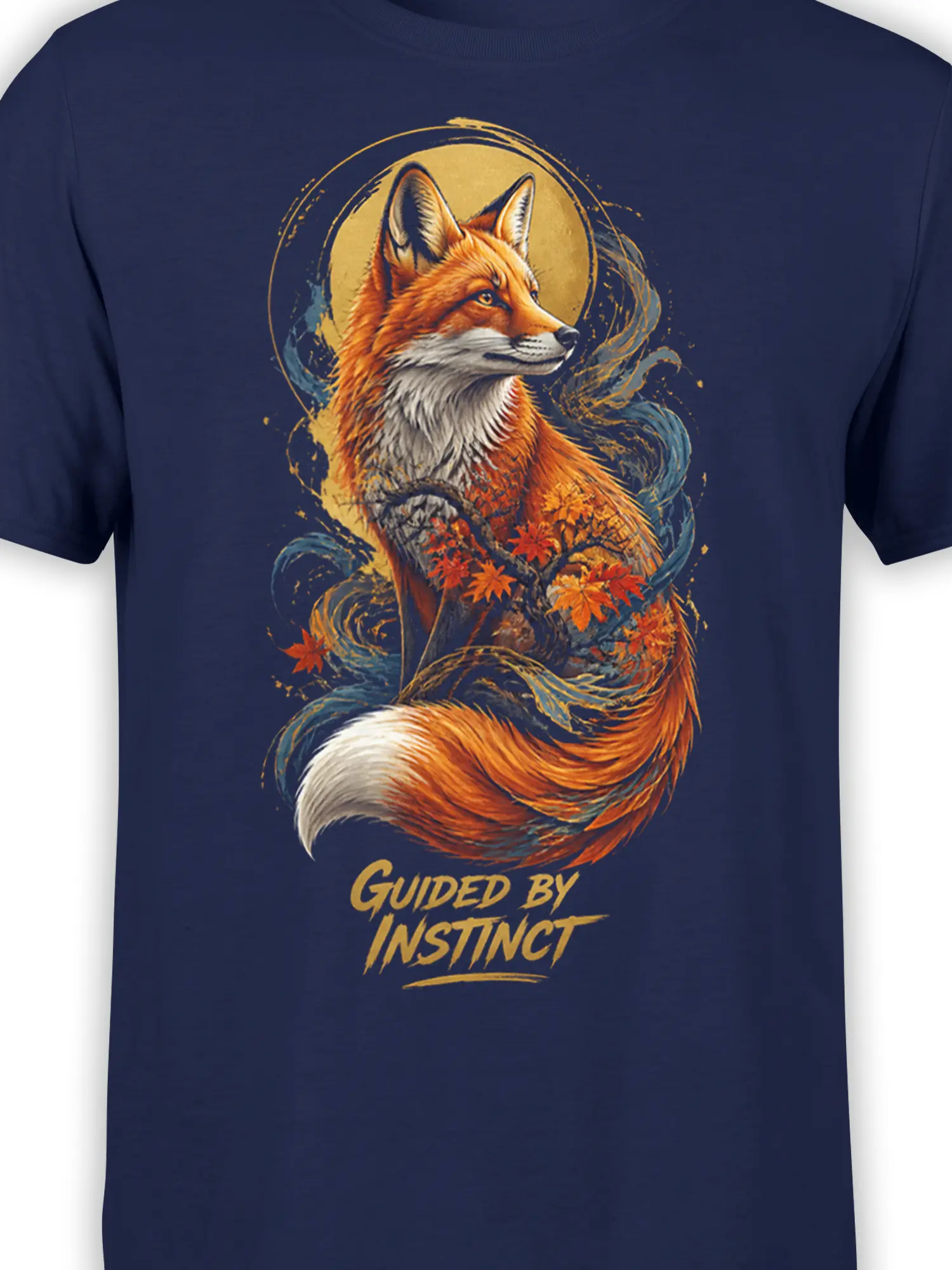 Close-up of red fox, autumn leaves, and golden moon artwork on a navy T-shirt