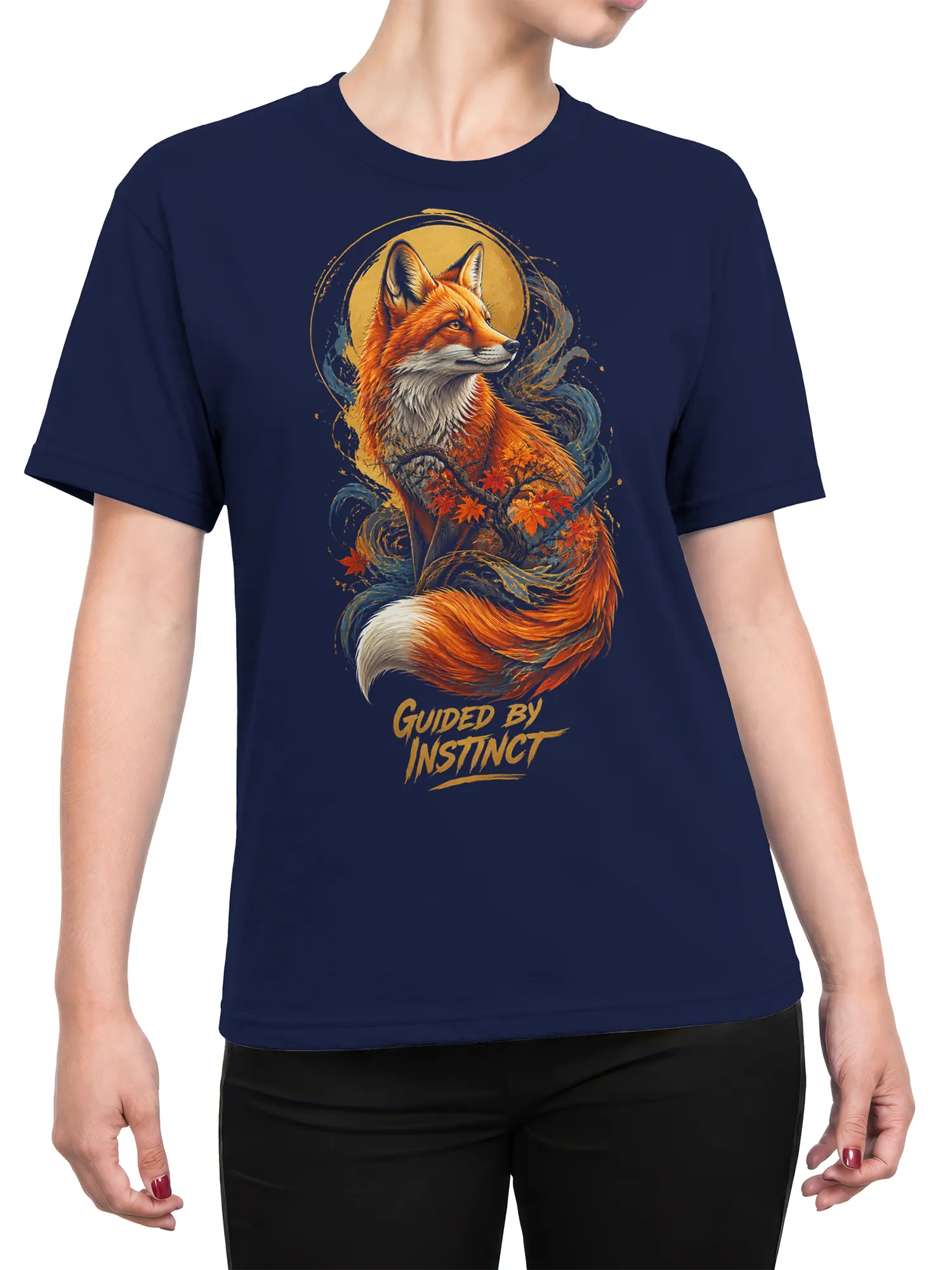 Female torso wearing a navy red fox T-shirt with autumn leaves and “Guided by Instinct” design