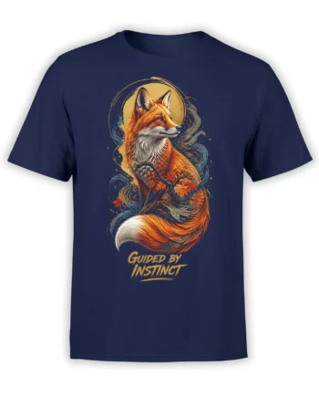 Artistic red fox with autumn leaves and golden moon on a navy Guided by Instinct T-shirt