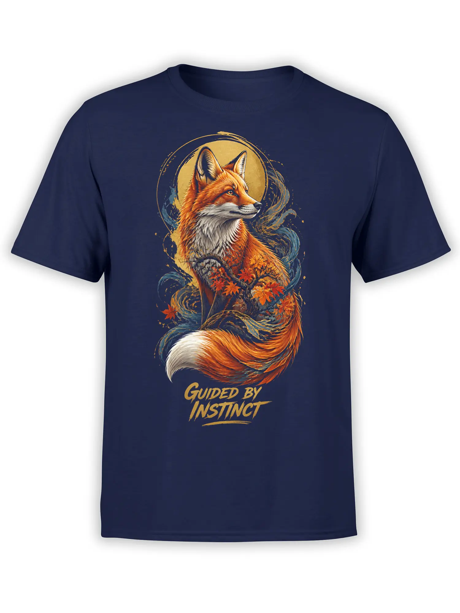 Artistic red fox with autumn leaves and golden moon on a navy Guided by Instinct T-shirt