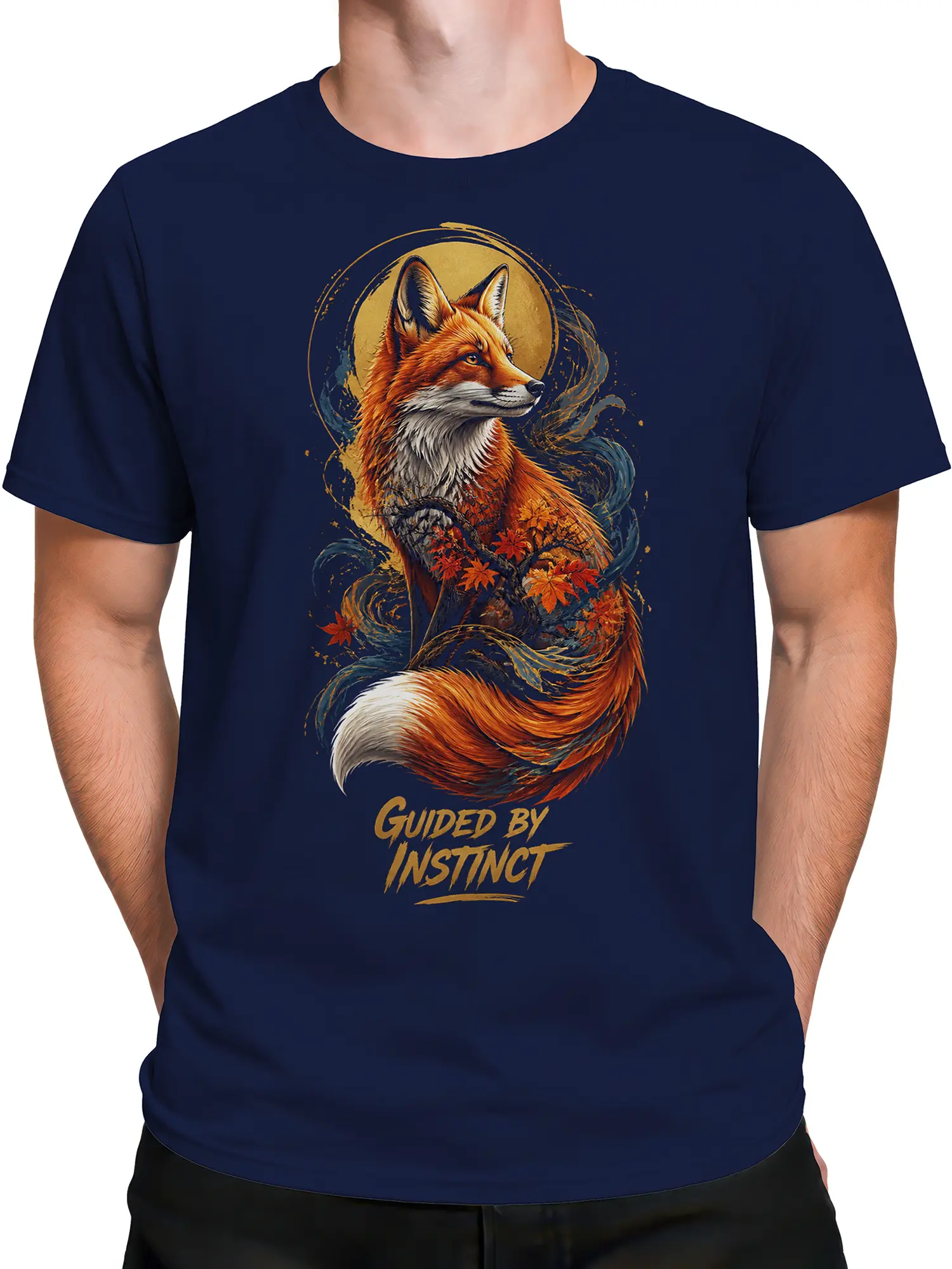 Male torso wearing a navy artistic fox T-shirt with golden moon and autumn leaf artwork