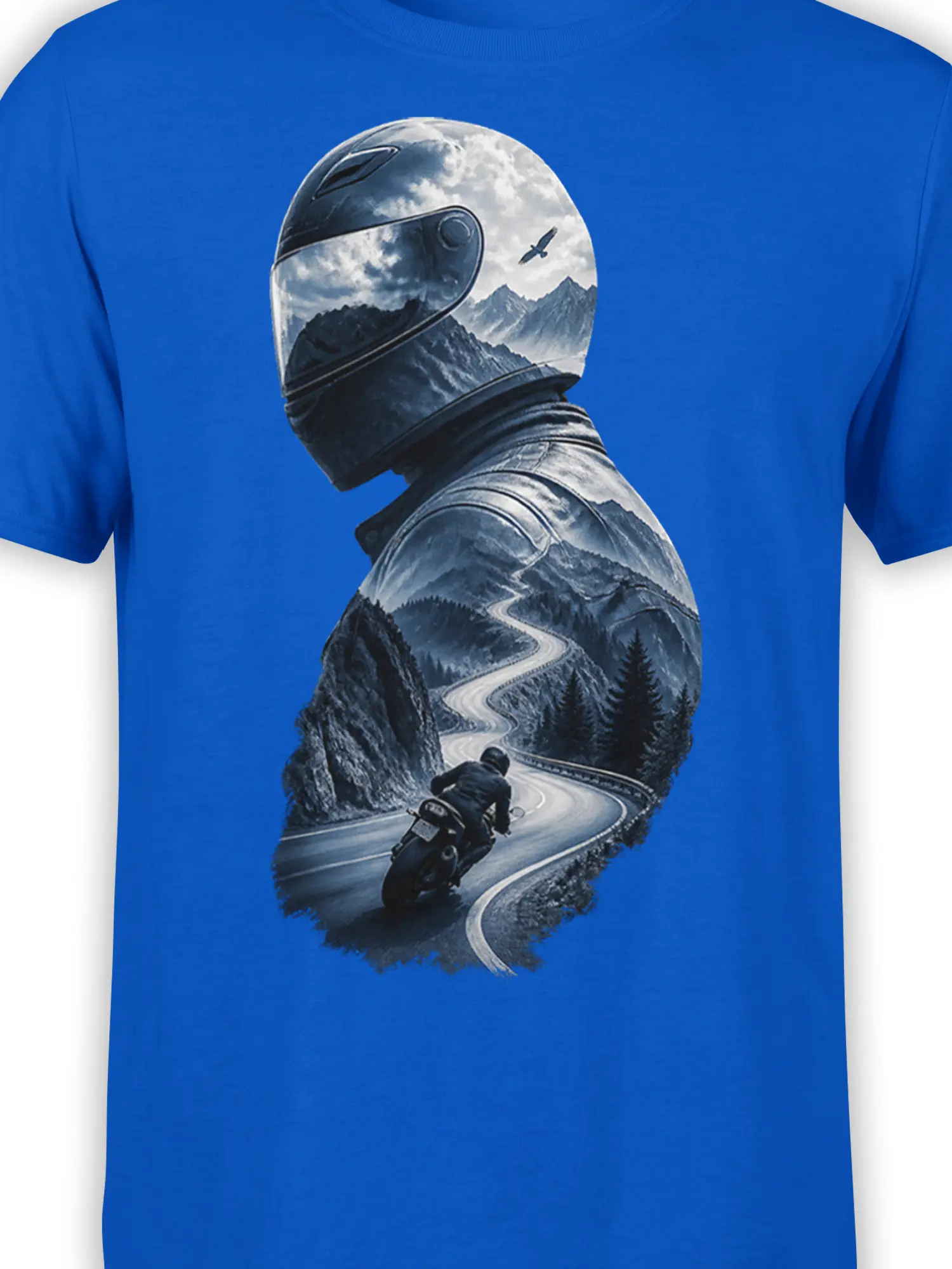Close-up of helmeted motorcycle rider and winding alpine road graphic on a vivid blue T-shirt