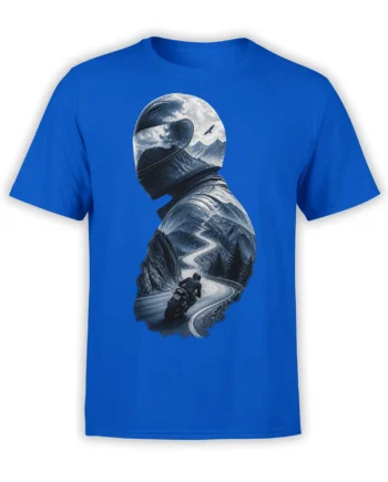 Vivid blue T-shirt with a helmeted motorcyclist and winding mountain road beneath dramatic alpine peaks