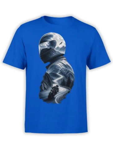 Vivid blue T-shirt with a helmeted motorcyclist and winding mountain road beneath dramatic alpine peaks