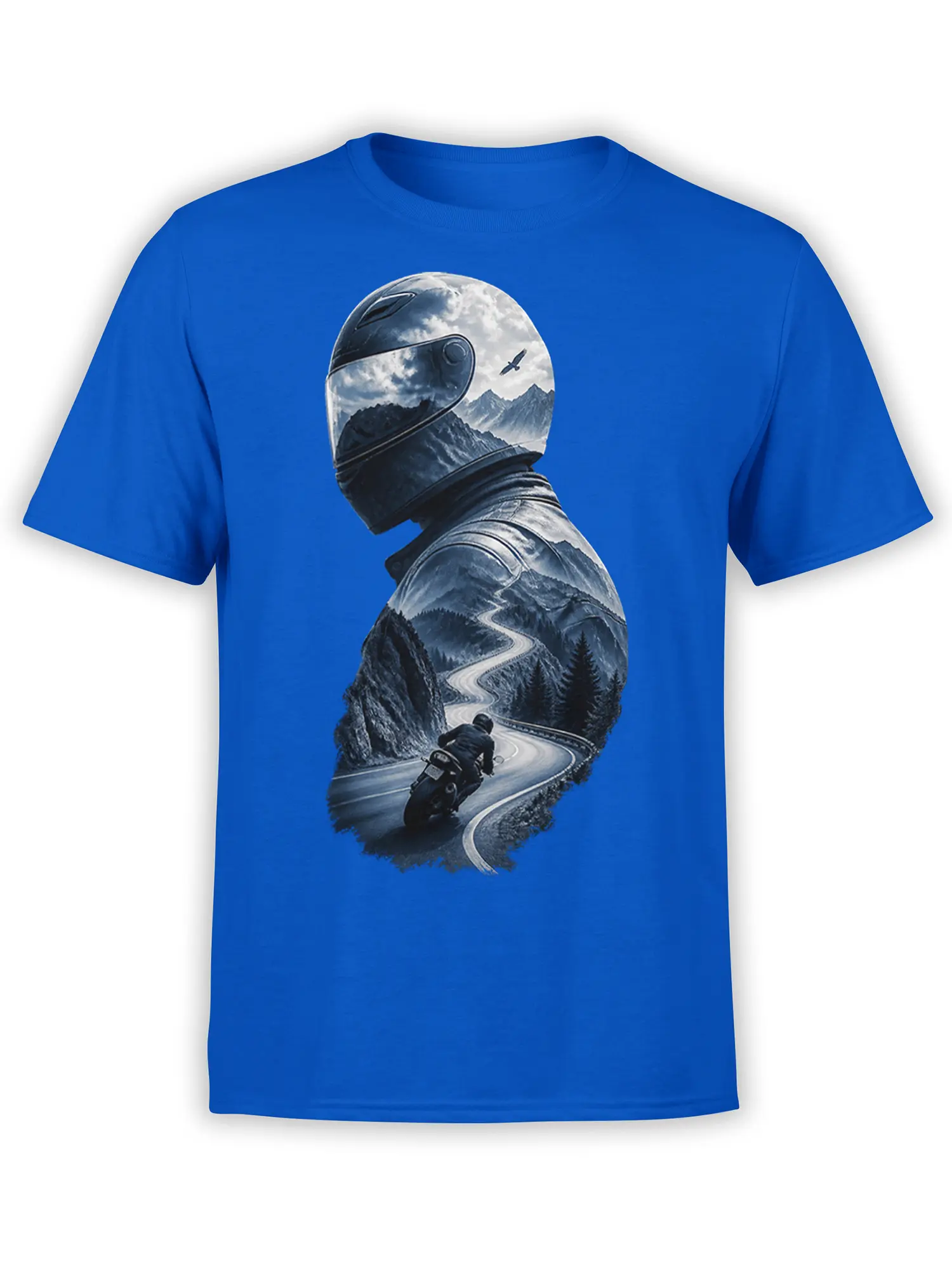 Vivid blue T-shirt with a helmeted motorcyclist and winding mountain road beneath dramatic alpine peaks