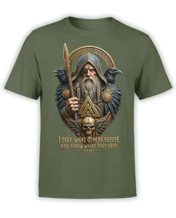 Olive green fantasy T-shirt featuring a one-eyed Norse seer with ravens, runes, a spear, and winged skull