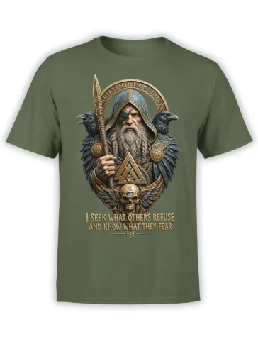 Olive green fantasy T-shirt featuring a one-eyed Norse seer with ravens, runes, a spear, and winged skull