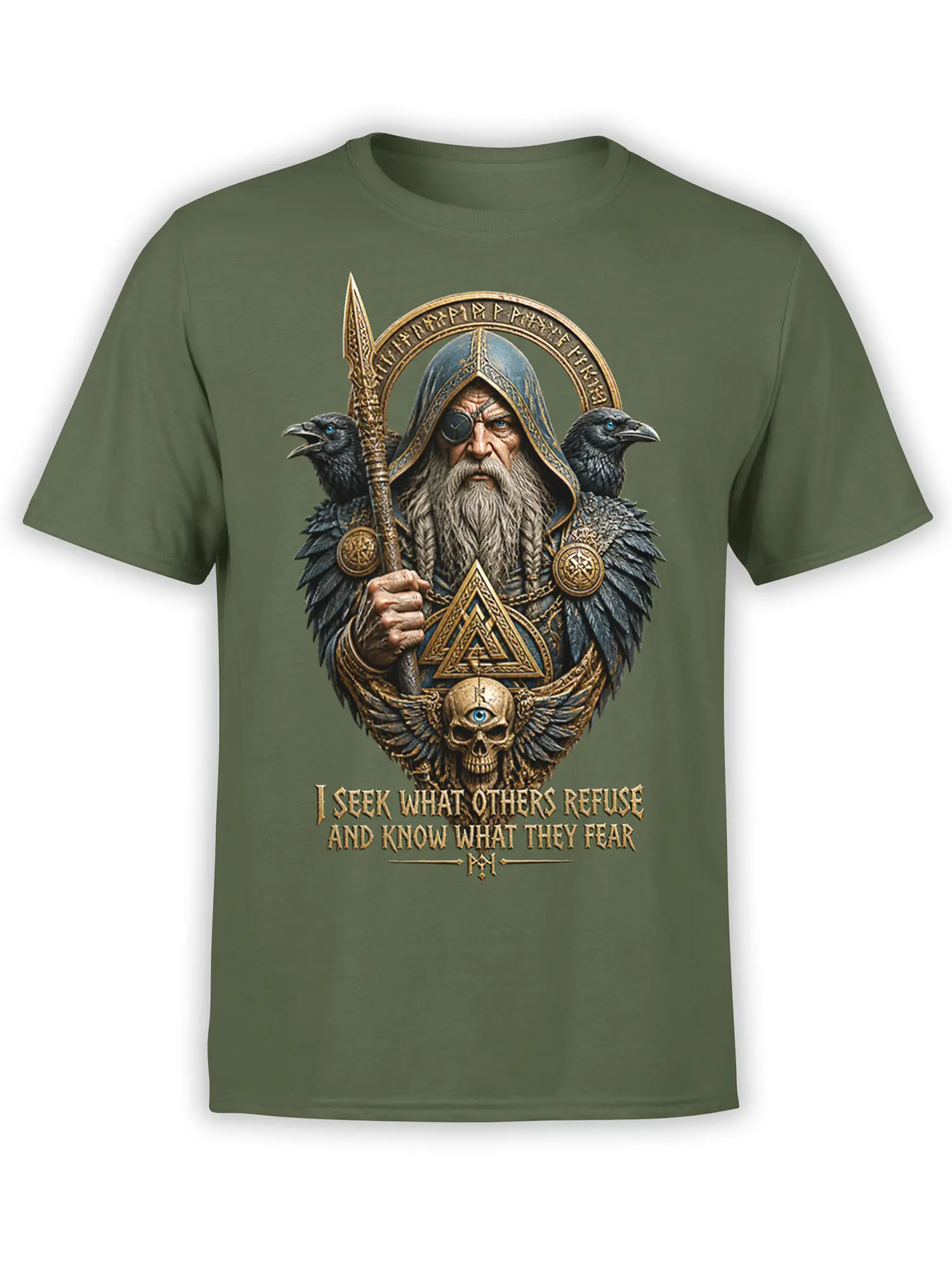 Olive green fantasy T-shirt featuring a one-eyed Norse seer with ravens, runes, a spear, and winged skull