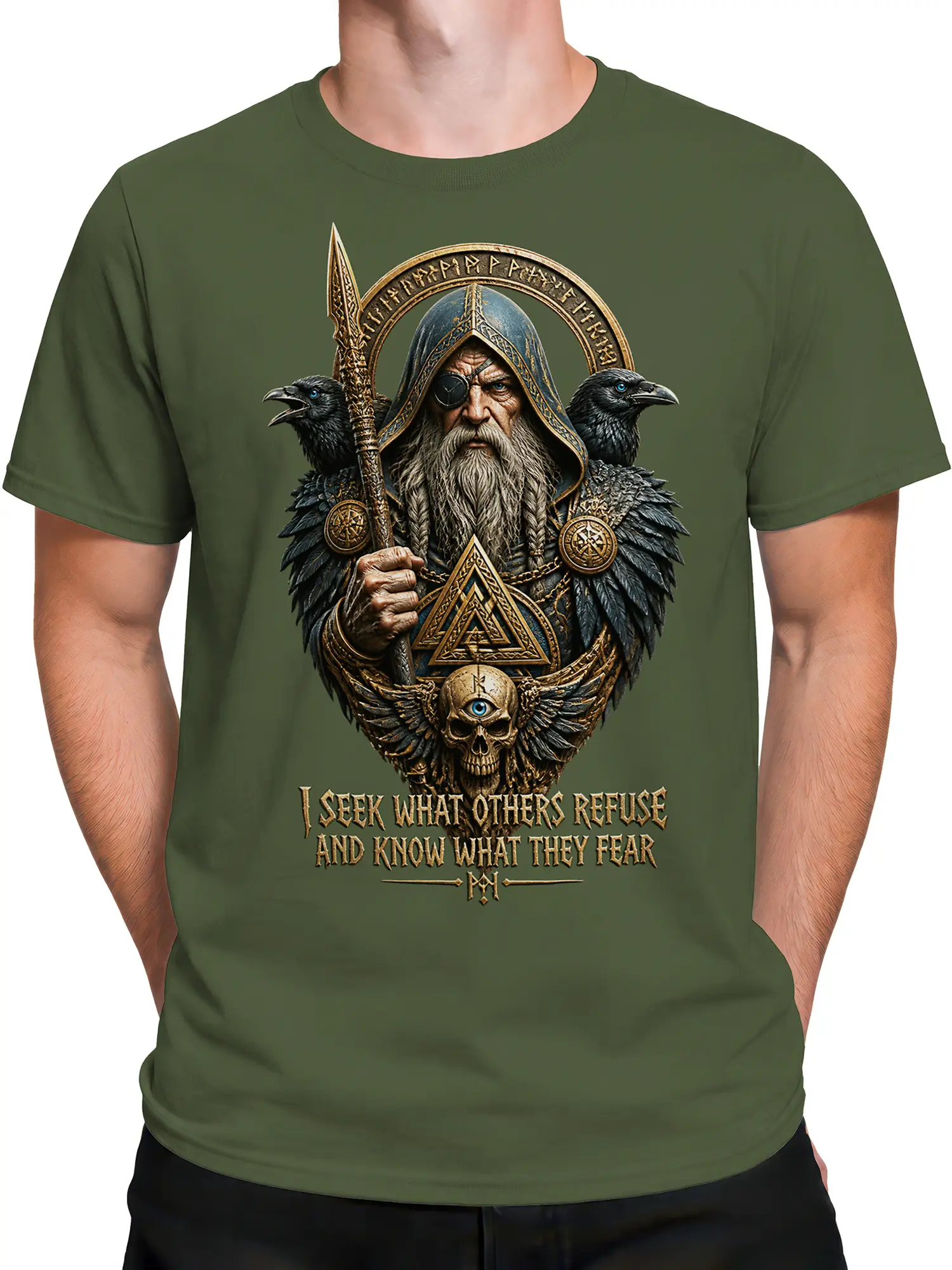 Male torso wearing an olive green fantasy T-shirt with a one-eyed seer and two ravens
