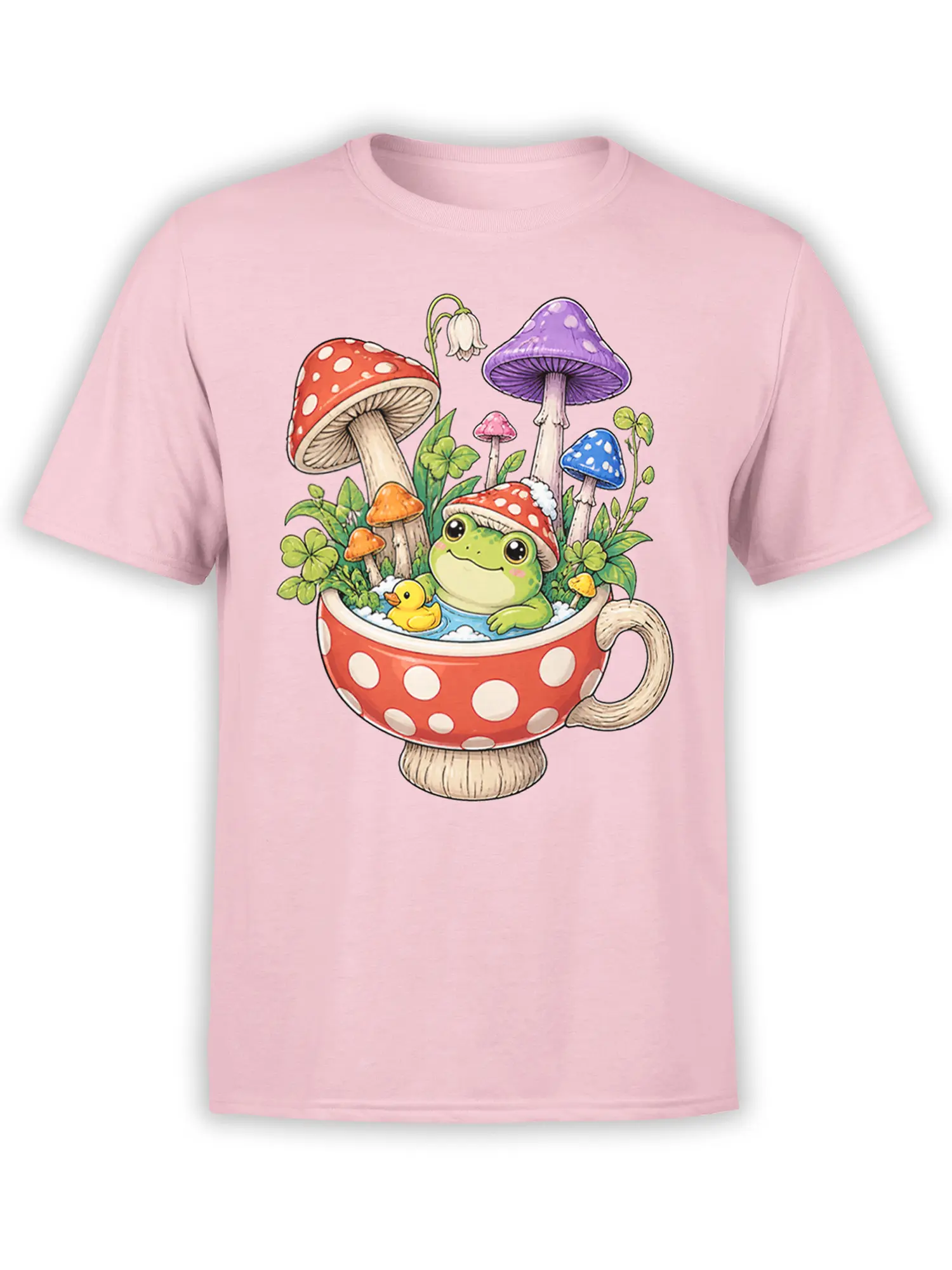 Pink T-shirt with a whimsical green frog in a mushroom teacup, surrounded by colorful mushrooms and clovers