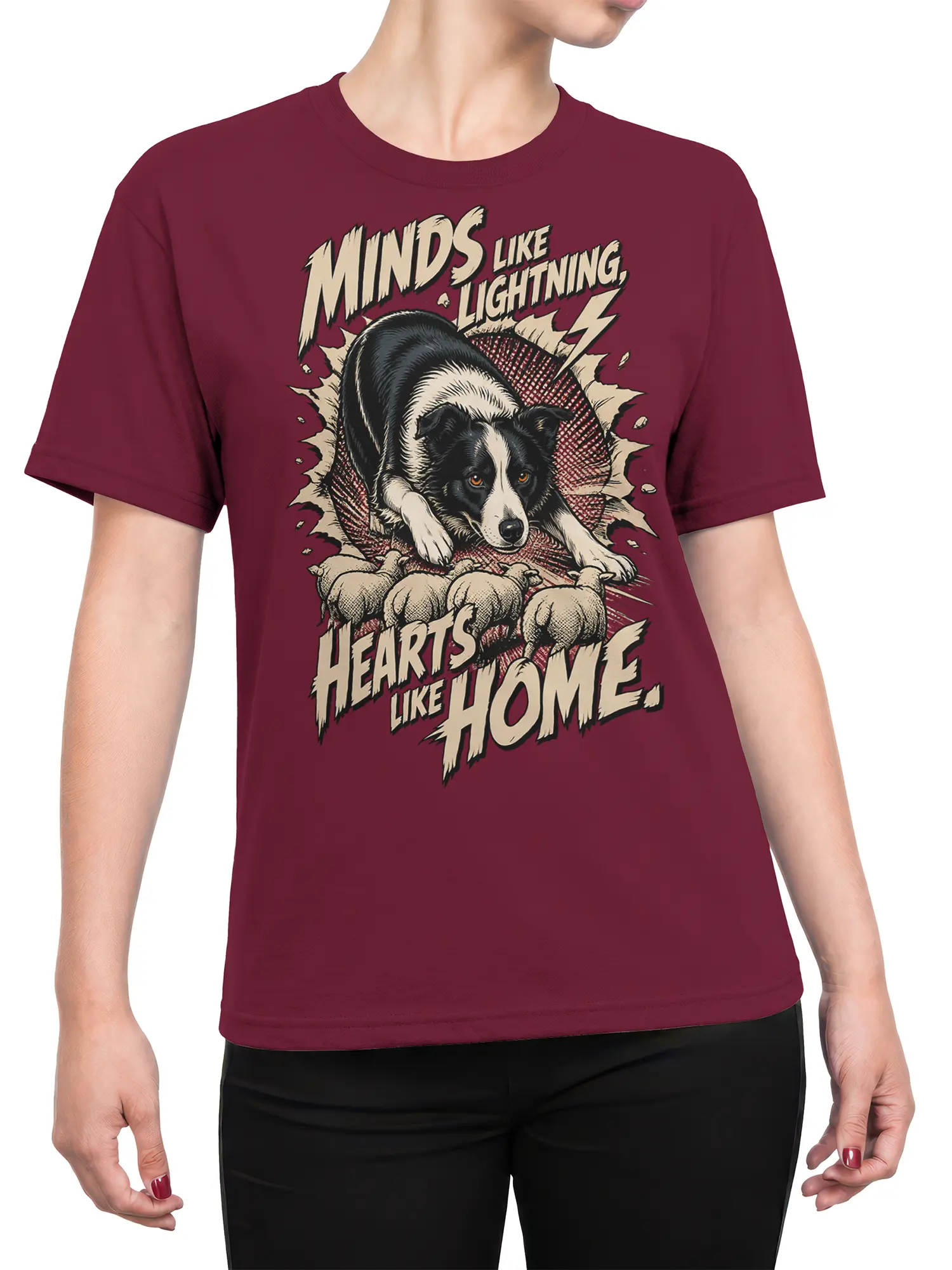 Female torso wearing a burgundy T-shirt with black and white dog and puppy graphic